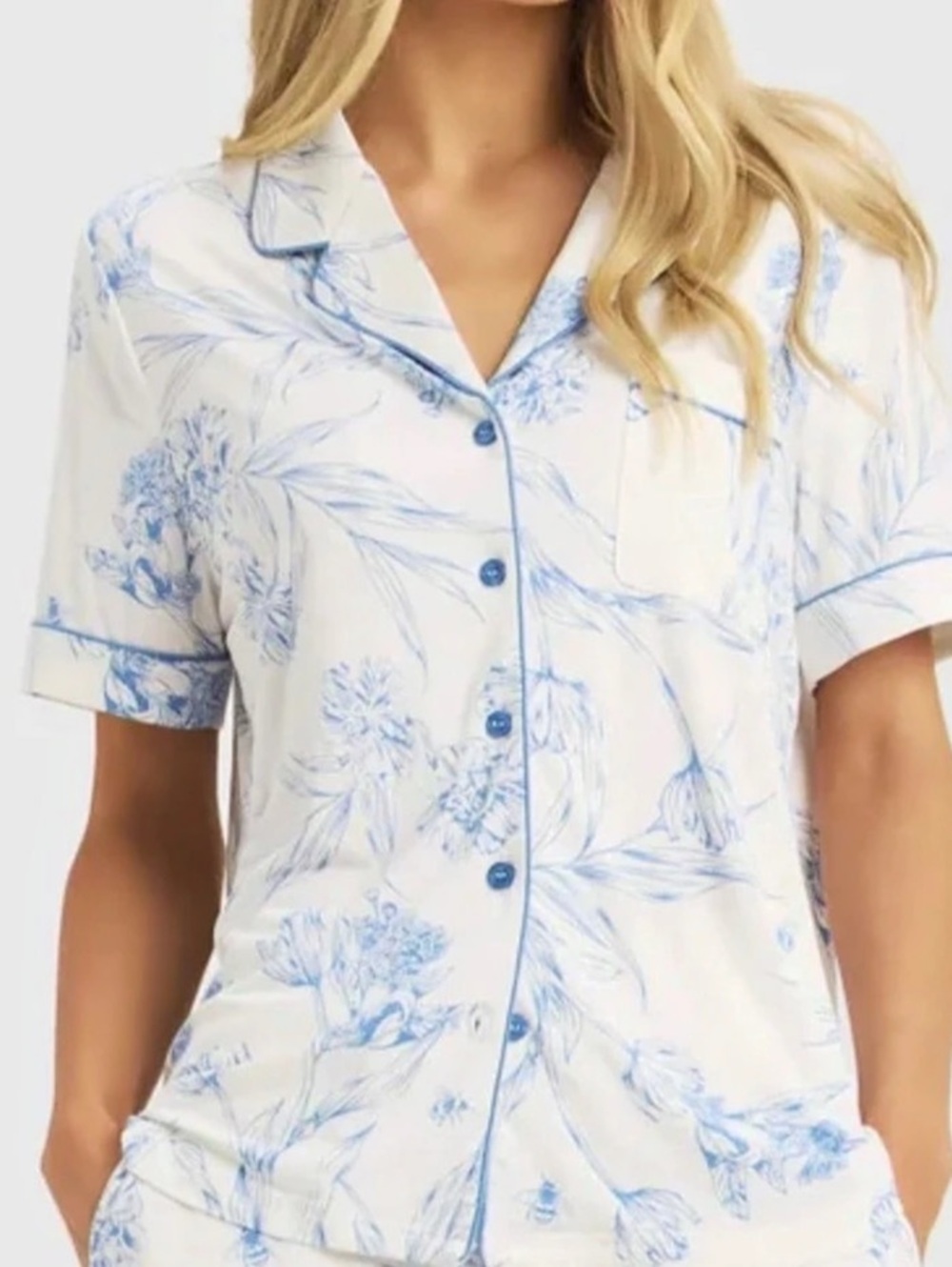 Cozy Earth Buxton Pyjama Shirt Floral Pajama Top White & Blue